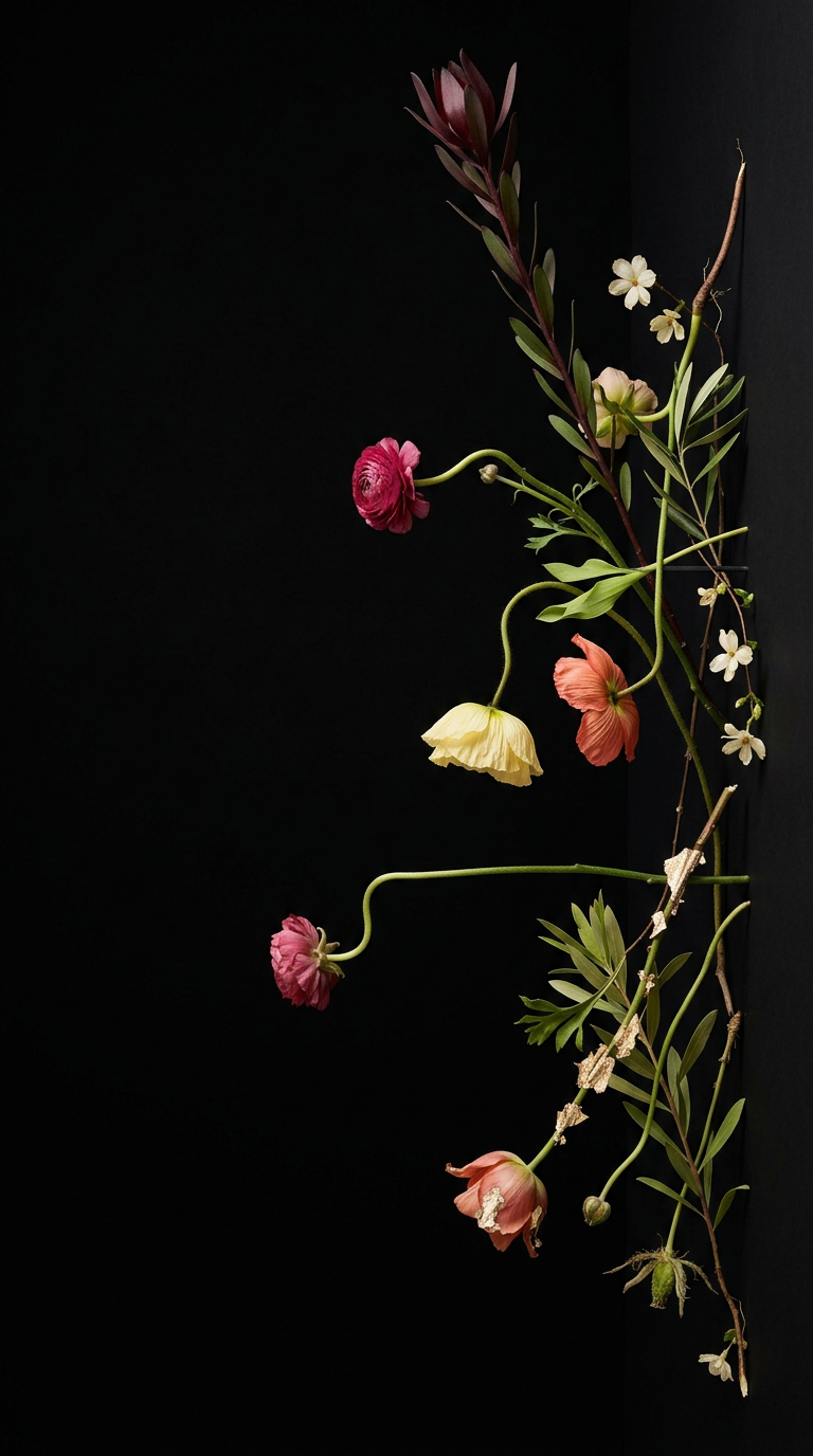 Asymmetrical floral composition on a black background